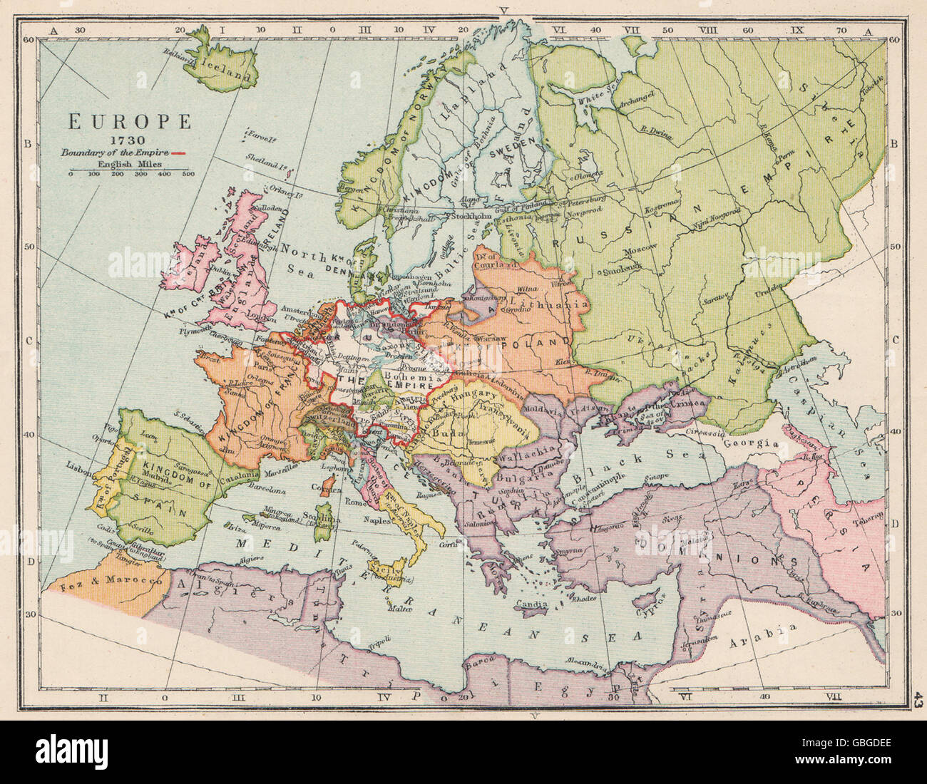 EUROPE IN 1730: Holy Roman Empire. Poland Lithuania. Ottoman Empire, 1907  map Stock Photo - Alamy