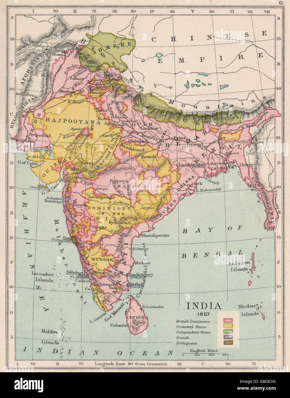 BRITISH INDIA 1857: Independent Kashmir. Protected states (yellow ...