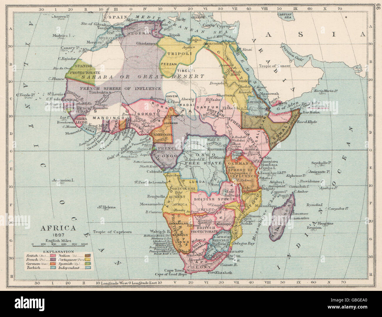 COLONIAL AFRICA 1897: Showing colonies & spheres of influence, 1907 old map Stock Photo