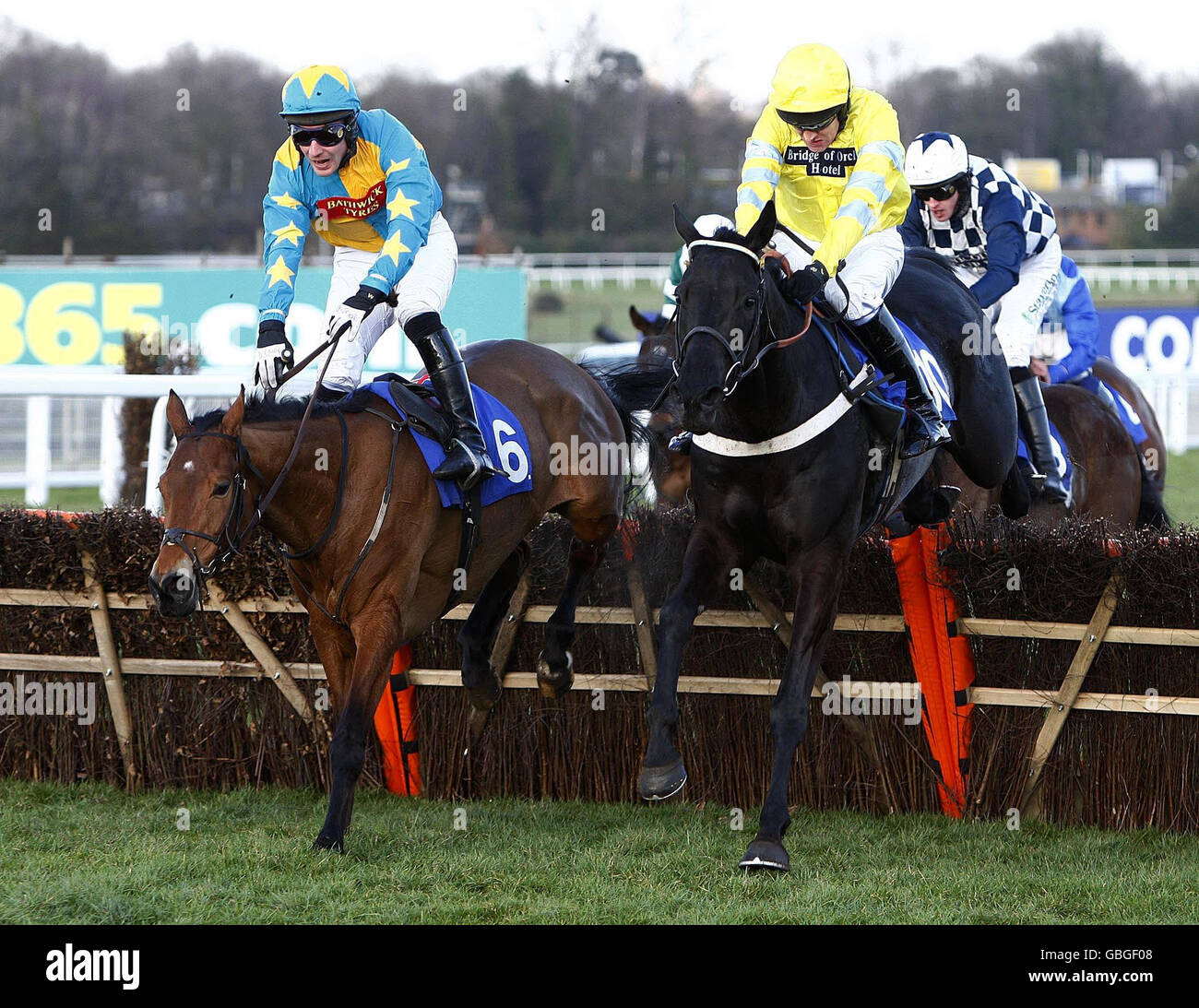 Don't Tell The Wife ridden by Barry Geraghty (yellow cap) goes on to win the Charles Stanley group plc countryside alliance handicap hurdle race at Sandown Park Racecourse, Surrey. Stock Photo