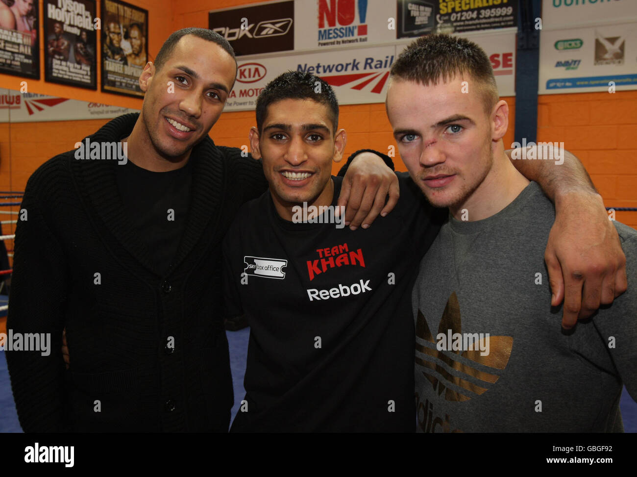 Amir Khan (centre) with James DeGale (left) and Frankie Gavin during a media day at the Gloves Community Centre, Bolton. Stock Photo