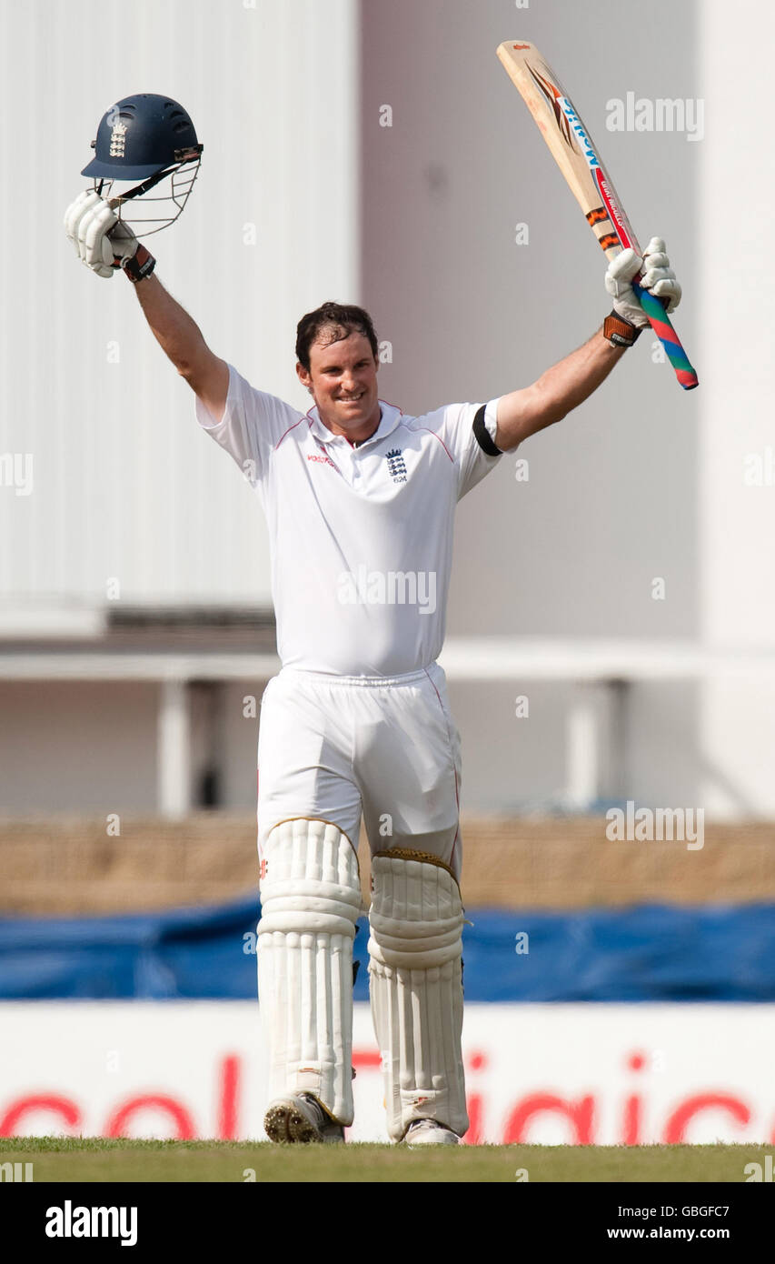 England captain Andrew Strauss celebrates reaching his century during ...