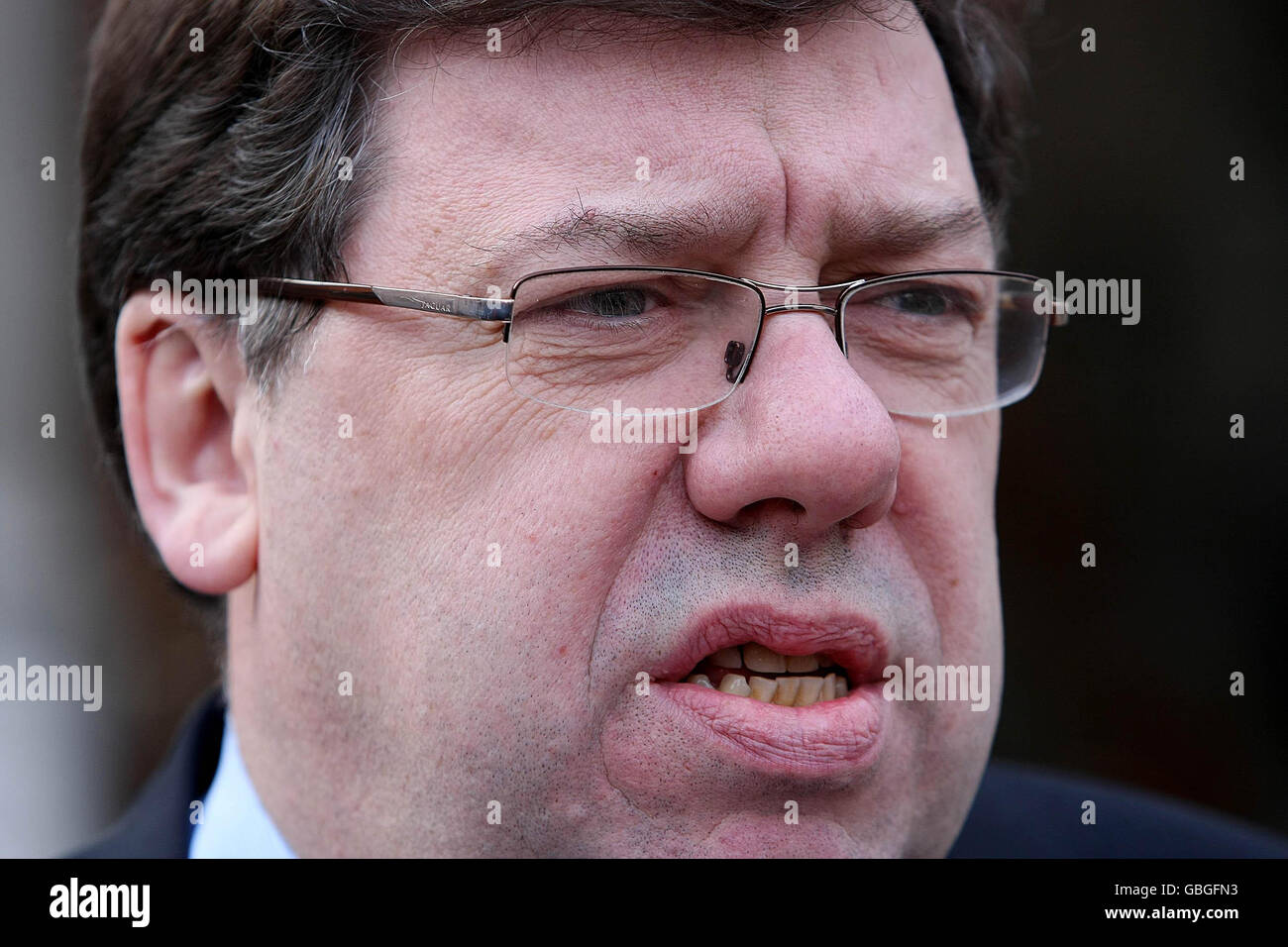 Taoiseach Brian Cowen on the steps of Government Buildings, Dublin where he issued a statement in relation to the killing of two soldiers in Northern Ireland on Sunday night. Stock Photo