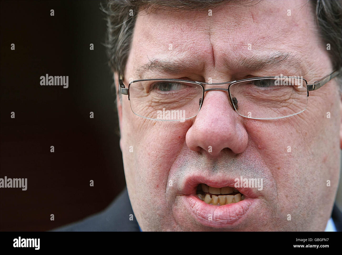 Taoiseach Brian Cowen on the steps of Government Buildings, Dublin where he issued a statement in relation to the killing of two soldiers in Northern Ireland on Sunday night. Stock Photo