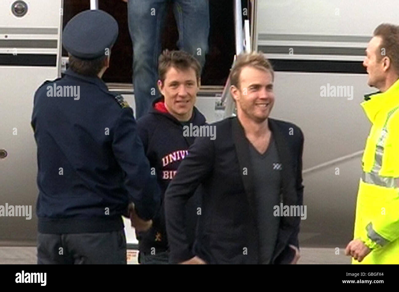 Videograb of Comic Relief's Mount Kilimanjaro celebrity climbers (left to right) Ben Shephard and Gary Barlow after they arrived back in the UK at RAF Northolt, today. Stock Photo