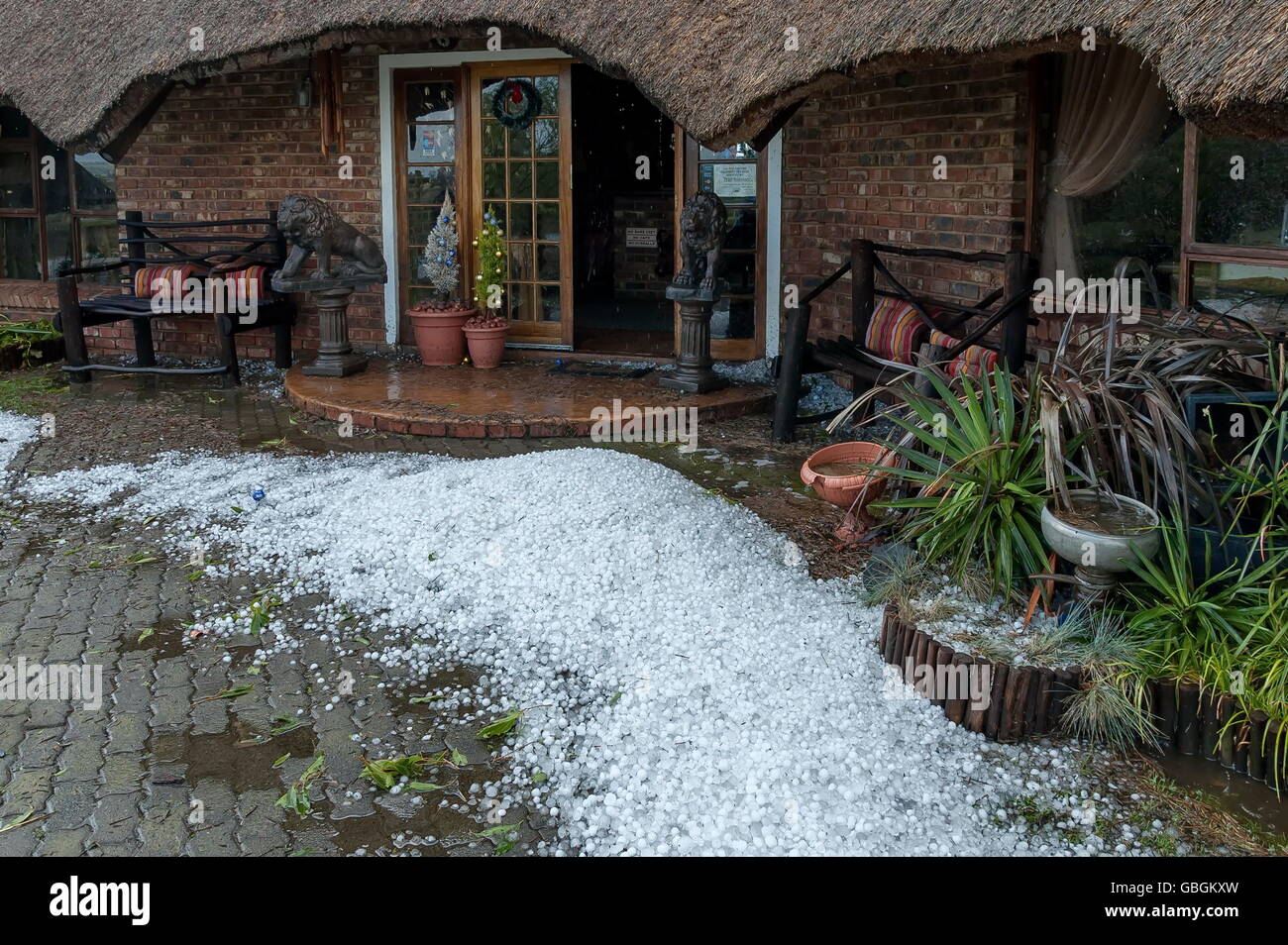 Big quantity of ice ball by guest house after hailstorm, South Africa Stock Photo