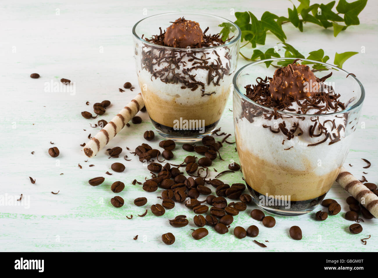 Chocolate cocktail in glasses. Cocoa cocktail. Cocoa drink. Coffee