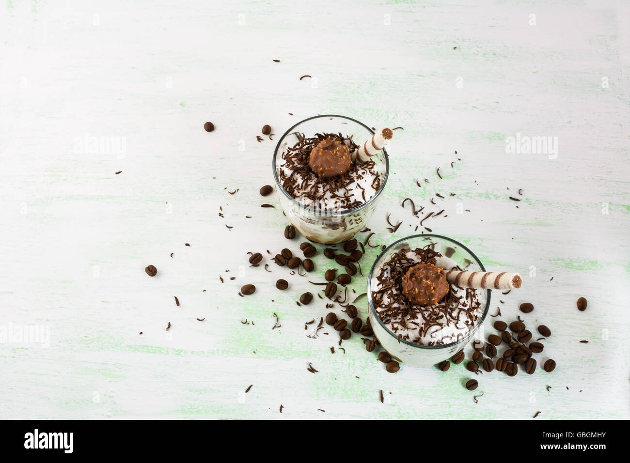 Creamy Coffee cocktail in glasses, copy space.  Chocolate cocktail. Chocolate drink. Cocoa cocktail. Cocoa drink. Coffee cocktai Stock Photo
