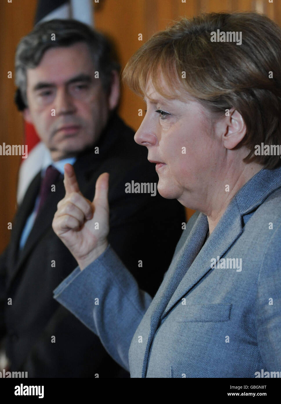 Prime Minister Gordon Brown with German Chancellor Angela Merkel during a press conference in 10 Downing St, central London. Stock Photo