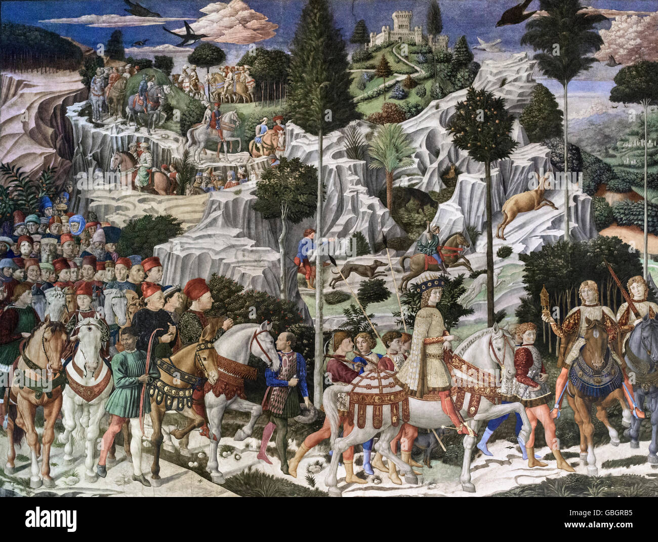 Florence. Italy. Fresco cycle of The Procession of the Magi (ca. 1460) by Benozzo Gozzoli, Cappella dei Magi, Palazzo Medici Riccardi. Stock Photo