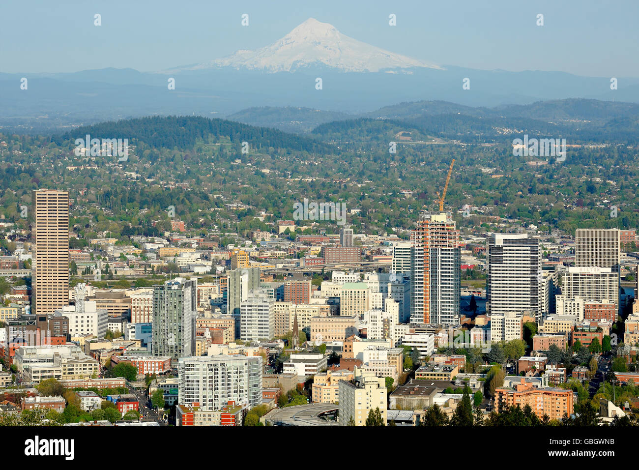 Skyline of Portland and Mount Hood volcano, Portland, Oregon USA Stock Photo