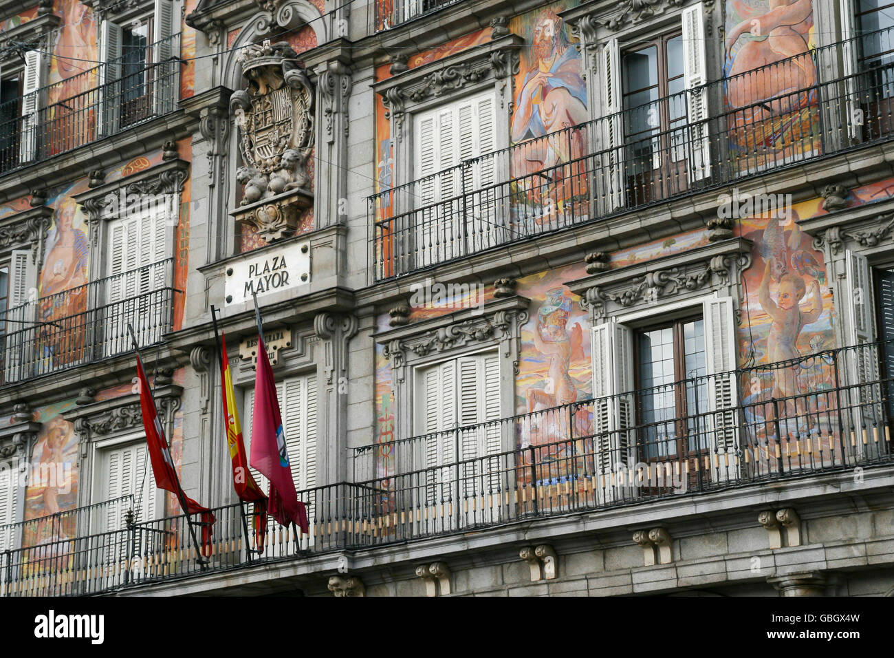 Decorated facade in a building of Plaza Mayor, a large square and popular tourist destination in Madrid, Spain Stock Photo