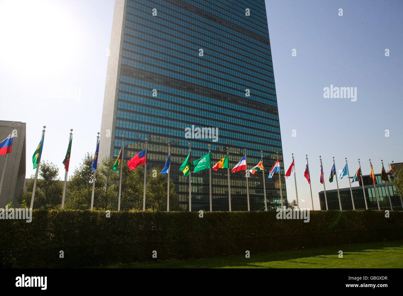 8 September 2005 - New York City - Member state flags fly in front of the United Nations headquarters building. Stock Photo
