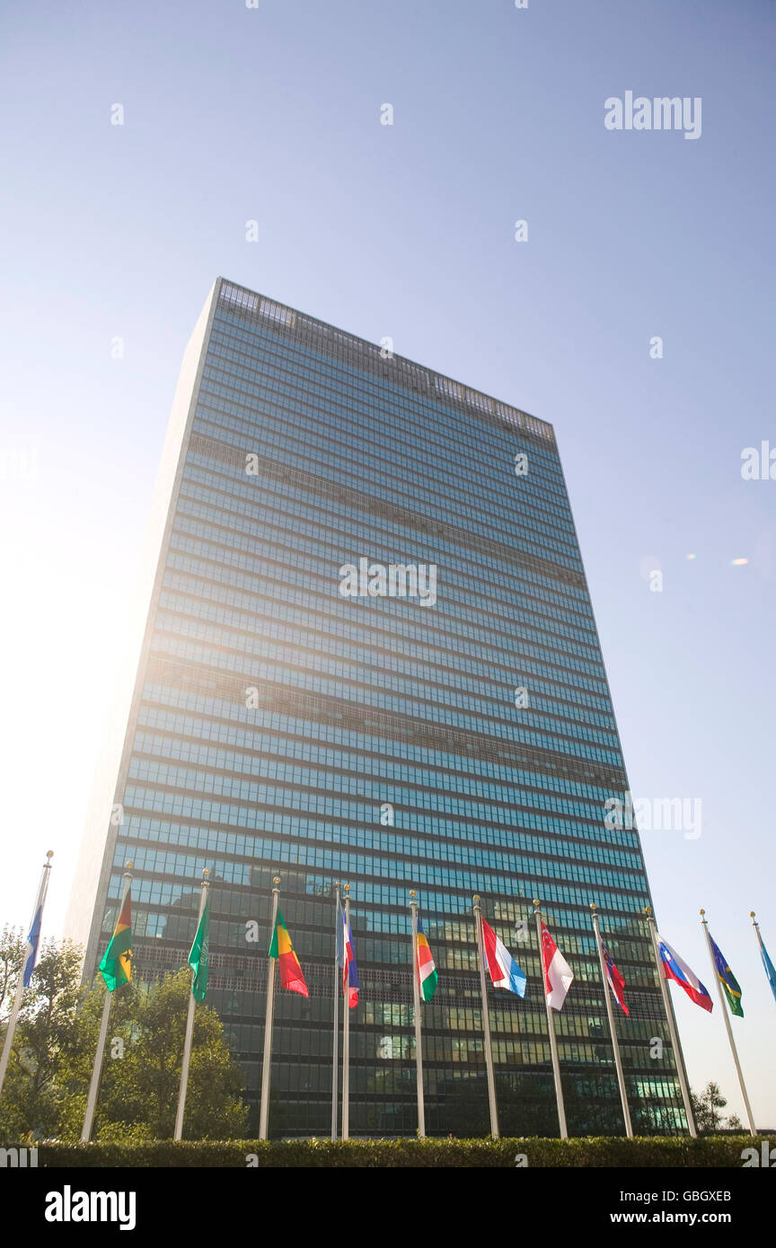 8 September 2005 - New York City - Member state flags fly in front of the United Nations headquarters building. Stock Photo