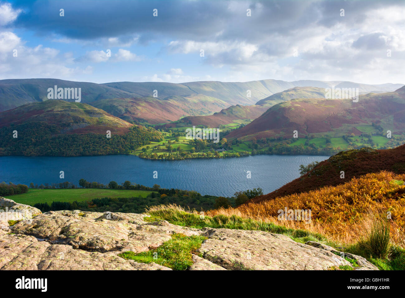 Ullswater, Sandwick Bay and Martindale, viewed from Gowbarrow Fell in the Lake District Park, Cumbria, England. Stock Photo