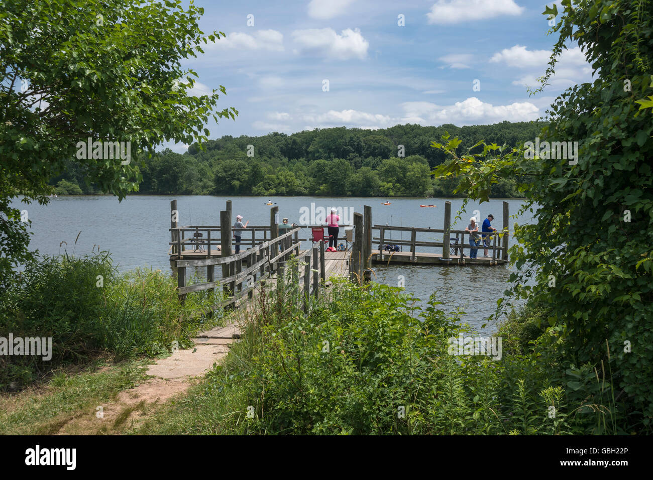 Lake's view with Fishing dock, Core Creek park, Pennsylvania, USA Stock Photo Alamy