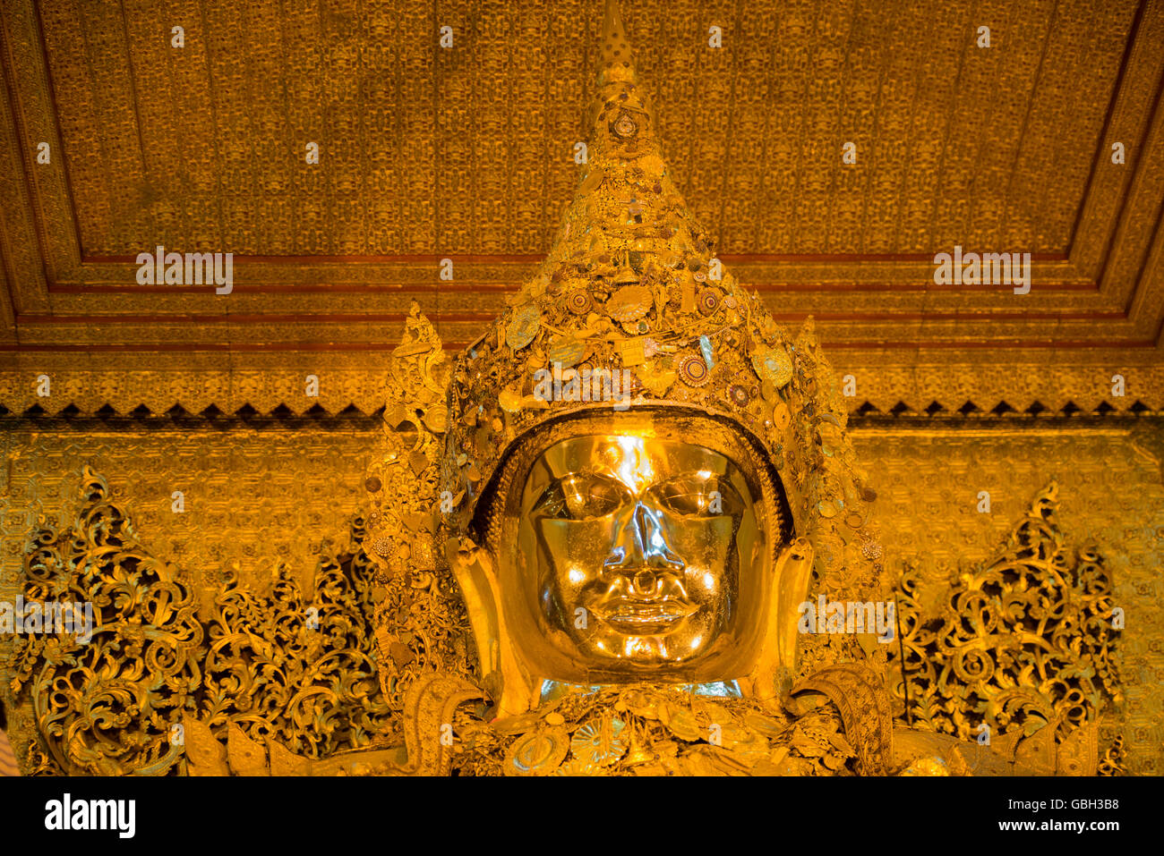 The Mahamuni Buddha at the Mahamuni temple in the City of Mandalay in