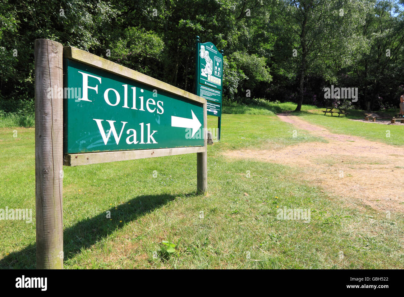 Sign at the start of the Follies Walk, Hawkstone Park Follies, Shropshire, England. Stock Photo