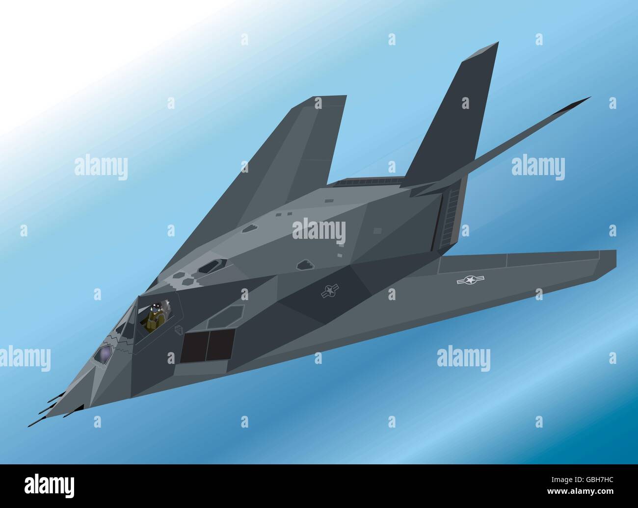 Detailed Isometric Illustration of an F-117 Nighthawk Stealth Fighter Airborne Stock Vector