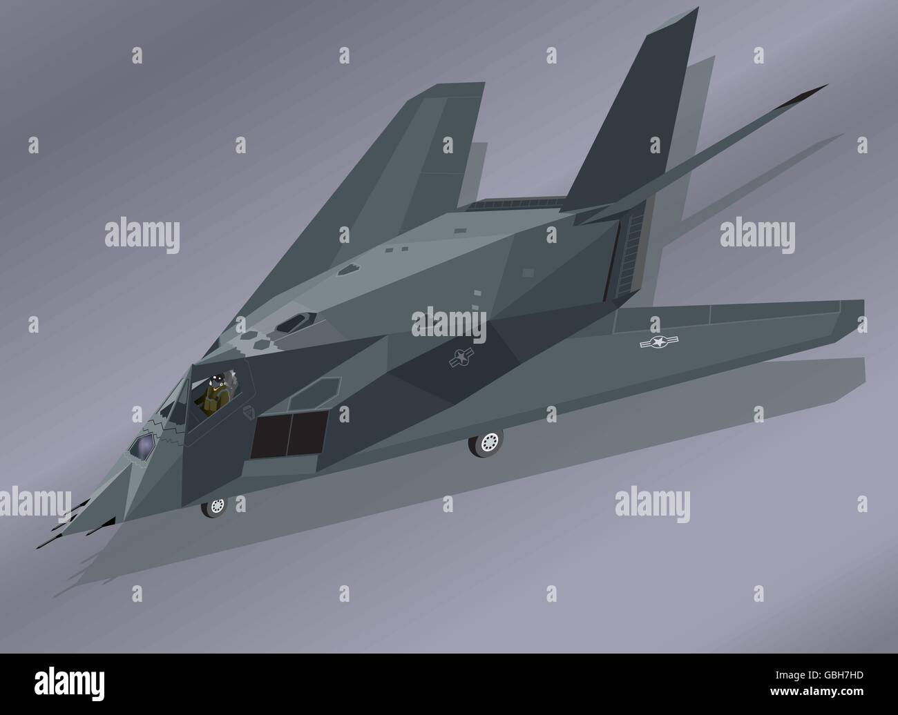 Detailed Isometric Illustration of an F-117 Nighthawk Stealth Fighter on the Ground Stock Vector