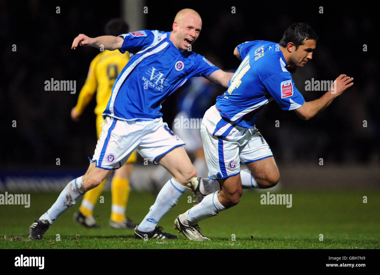 Chesterfield's Jack Lester celebrates his second goal with Derek Niven Stock Photo