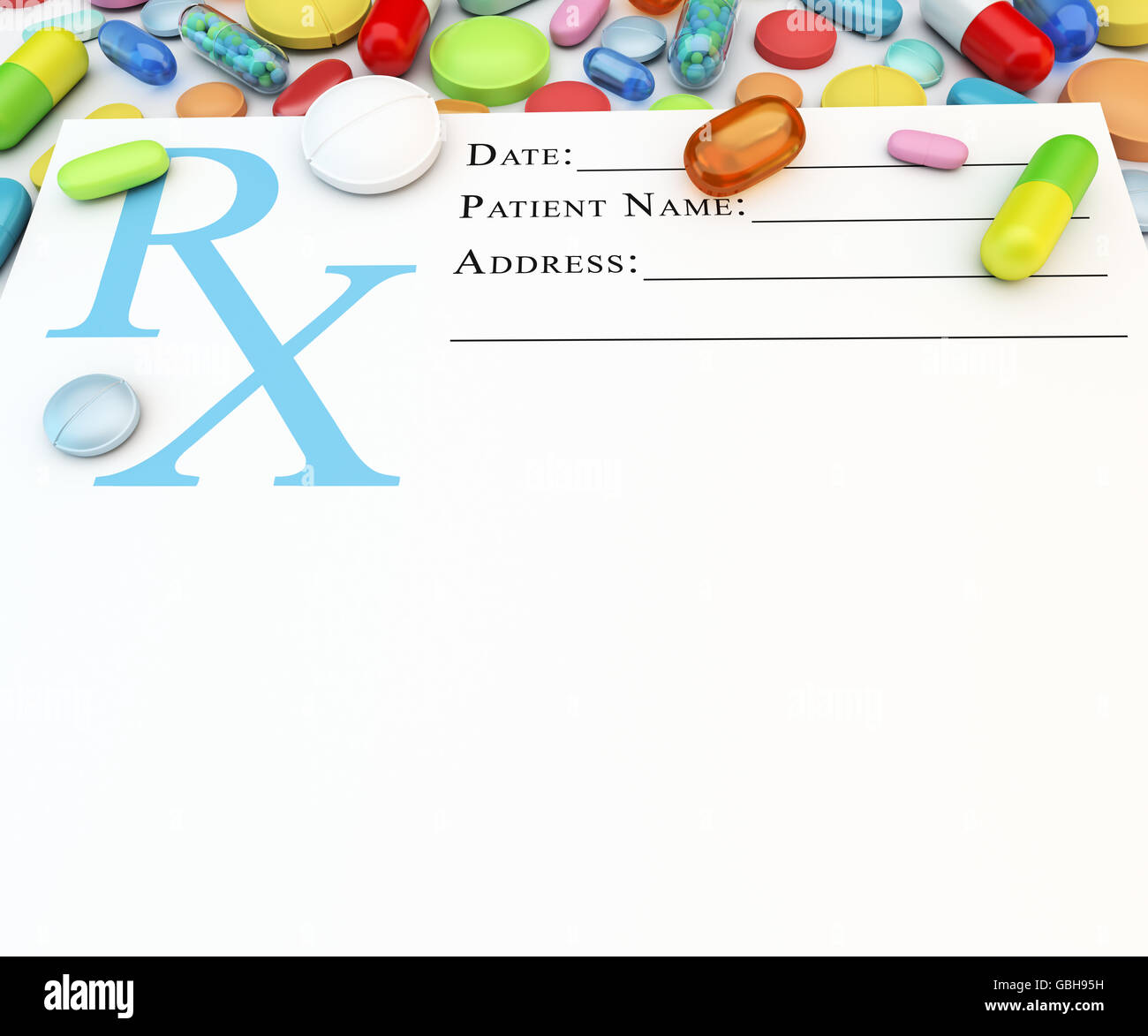 Variety of colorful prescription drugs on blank page Stock Photo