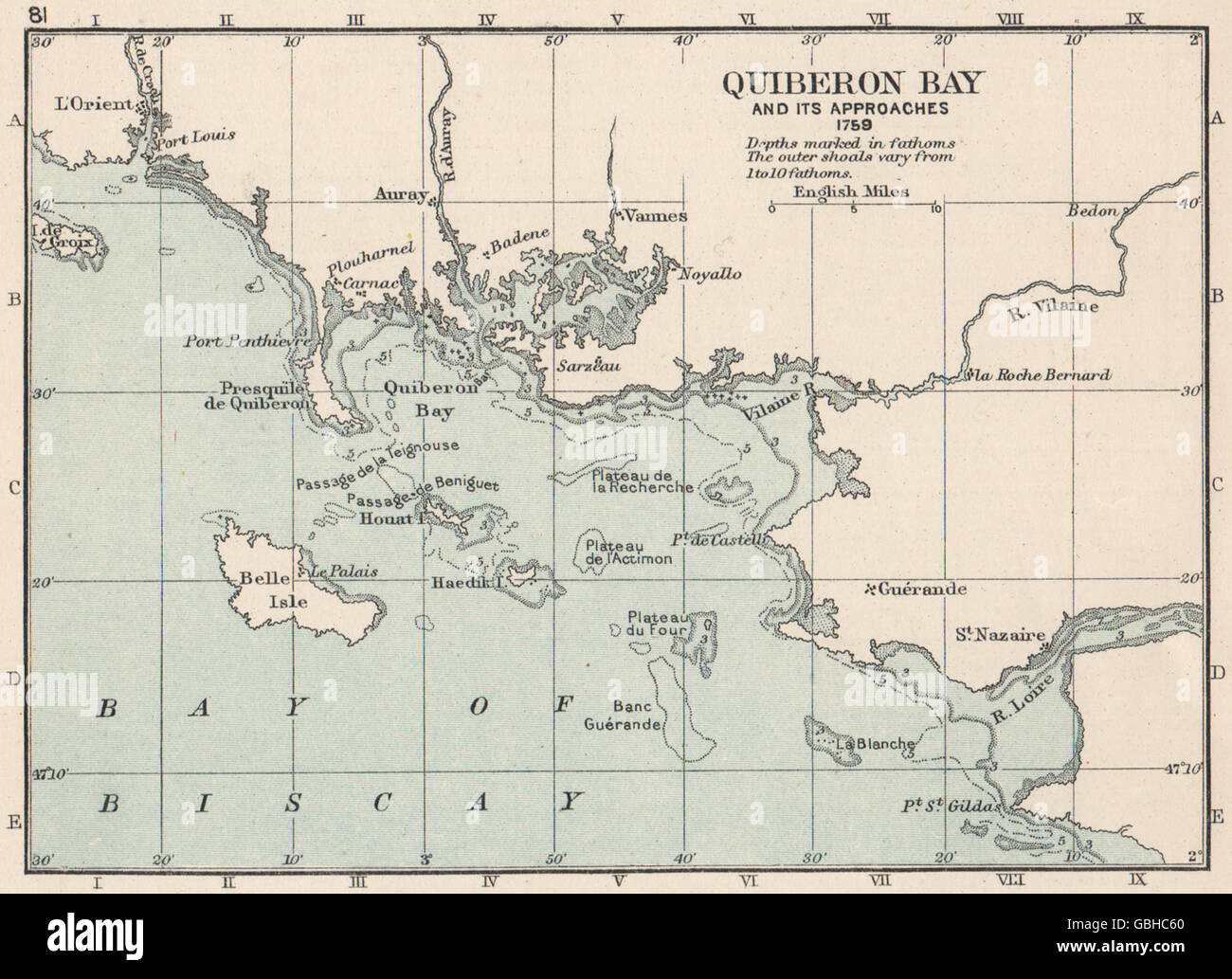 SEVEN YEARS WAR: Quiberon bay and its approaches 1759. SMALL, 1907 antique map Stock Photo