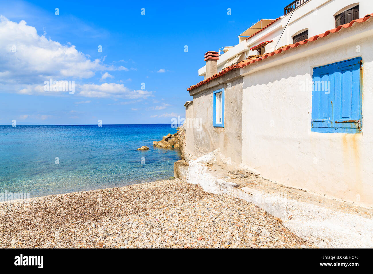Typical Greek house on Kokkari beach, Samos island, Greece Stock Photo