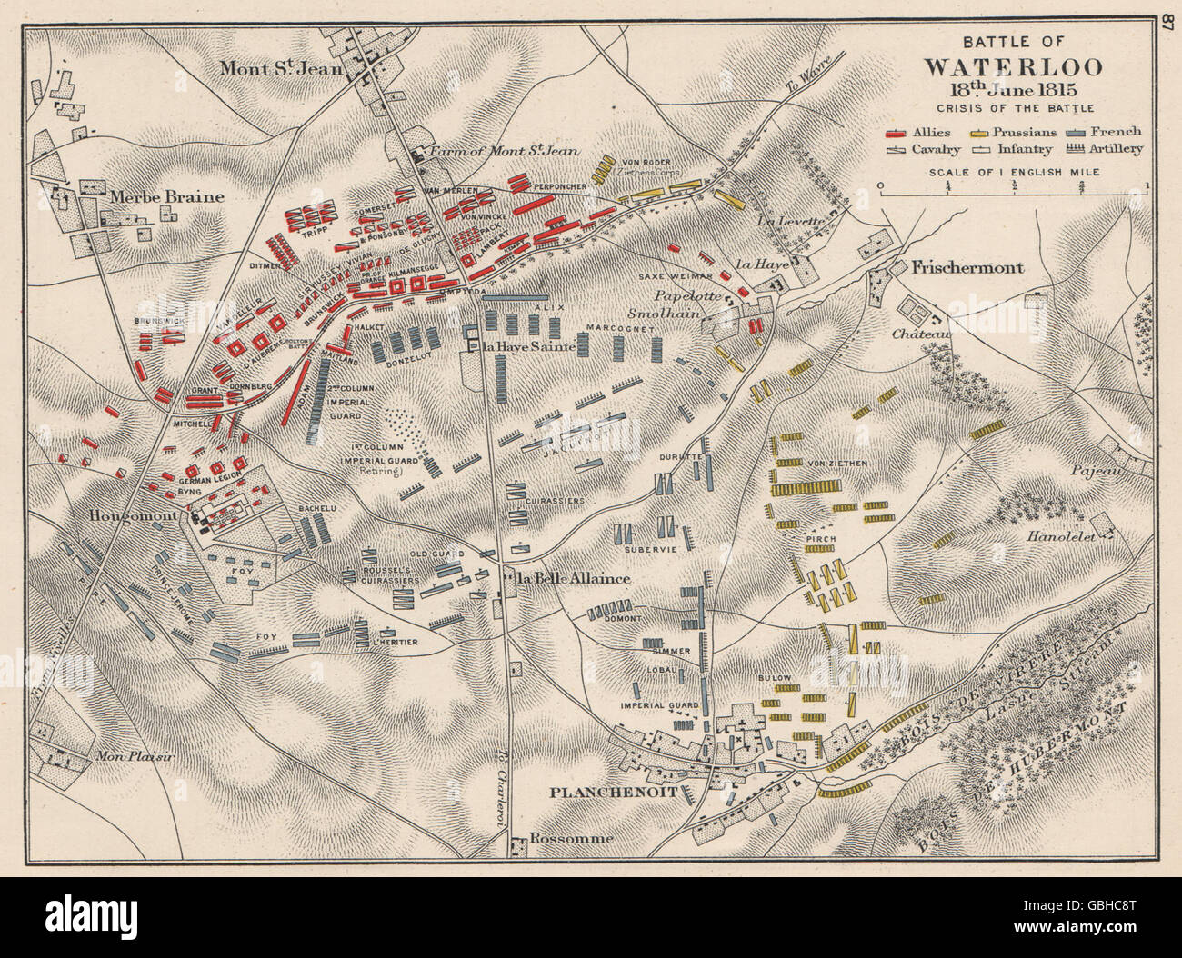 BATTLE OF WATERLOO: 18th June 1815 "crisis of the battle", 1907 antique map Stock Photo