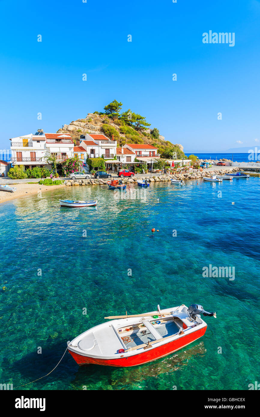 Fishing boat in Kokkari bay, Samos island, Greece Stock Photo