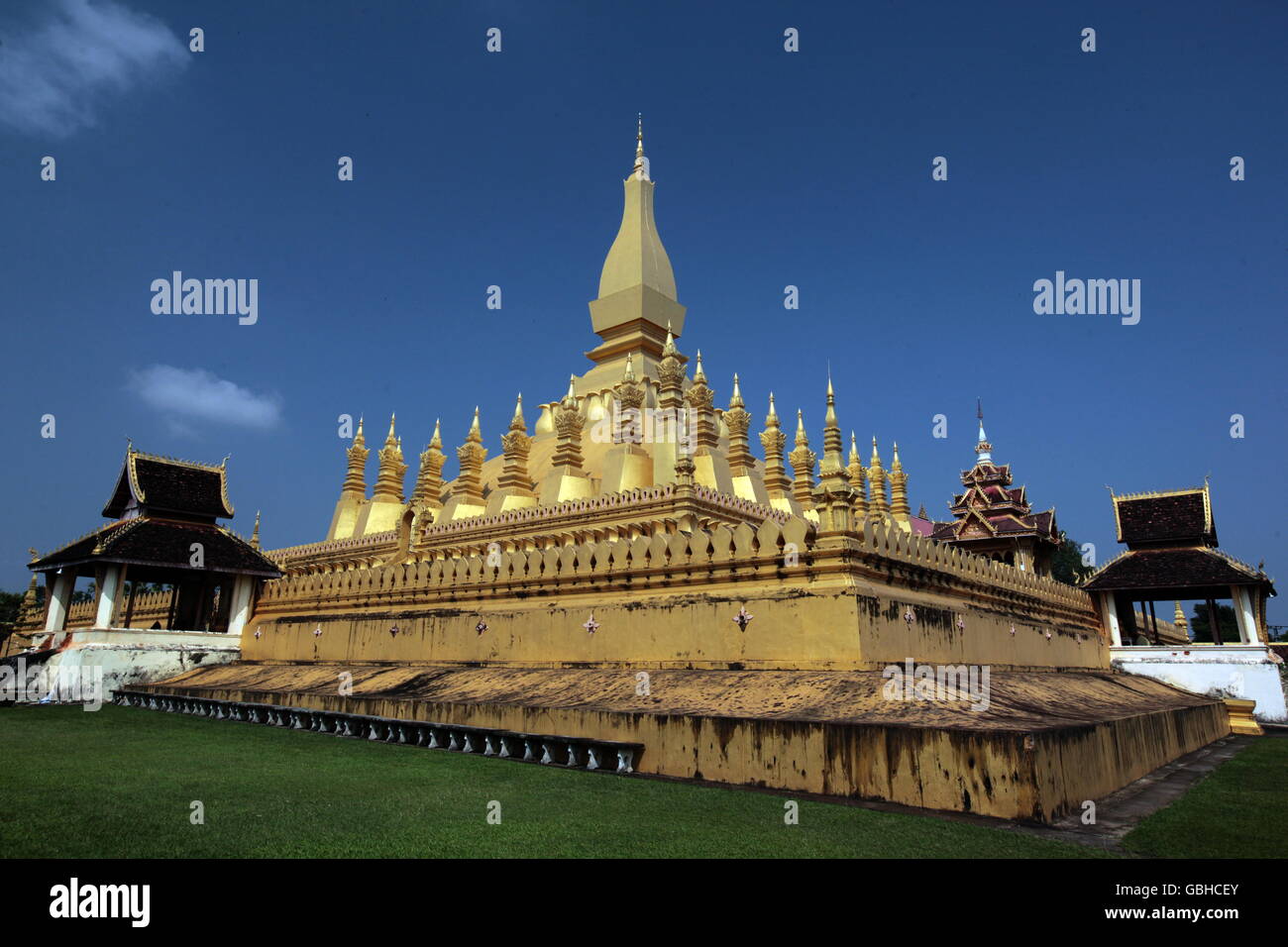 the Wat That Luang in the city of Vientiane in Lao in Souteastasia. Stock Photo