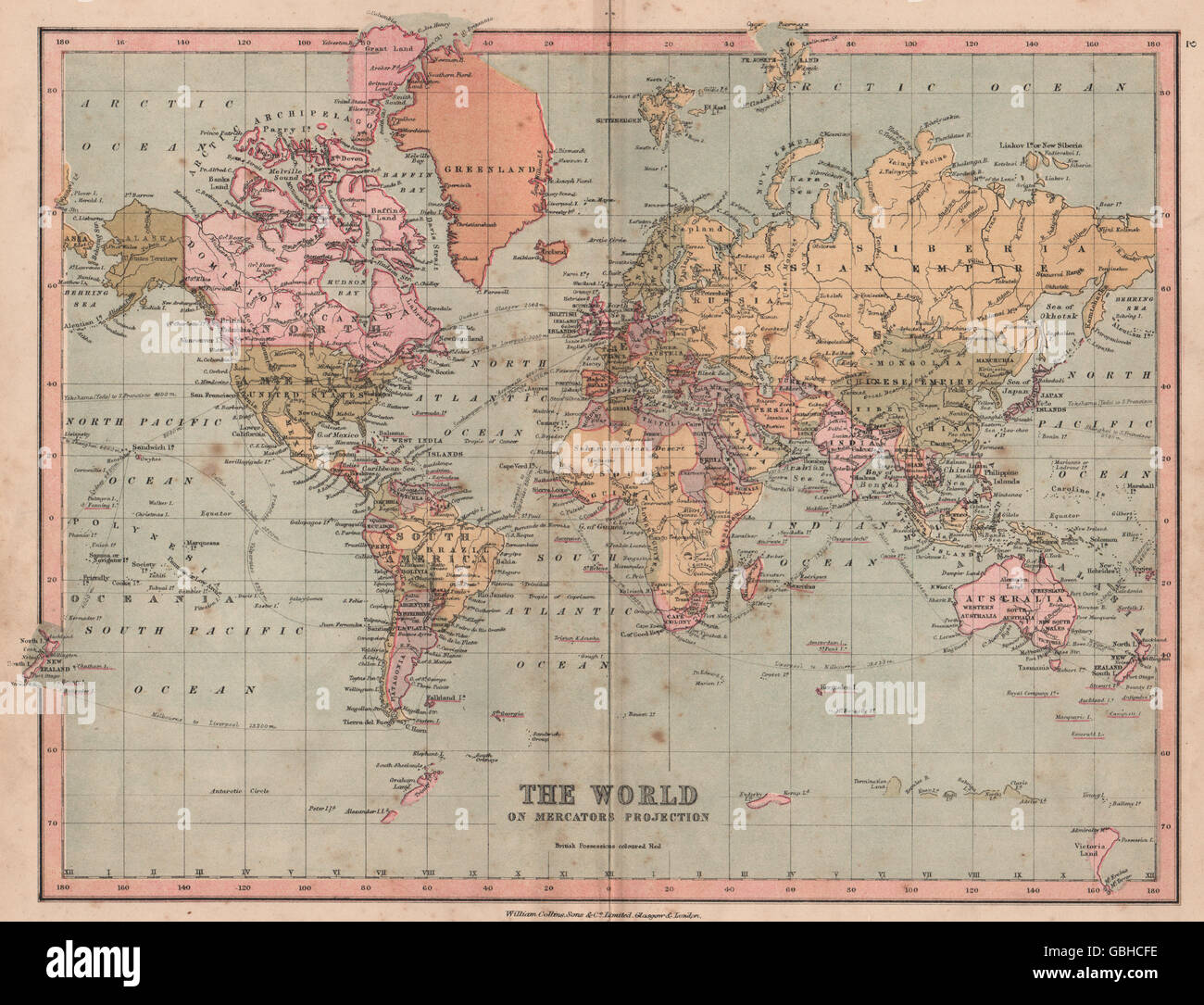 WORLD: Mercator’s projection. British/Ottoman Empires &c. COLLINS, 1880
