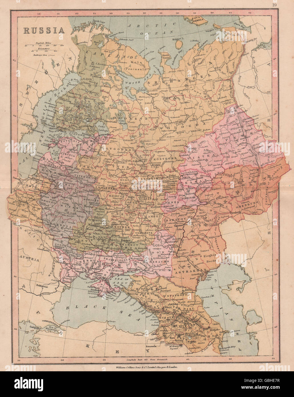 EUROPEAN RUSSIA:Finland includes Vyborg.Caucasus Poland Ukraine.COLLINS 1880 map Stock Photo