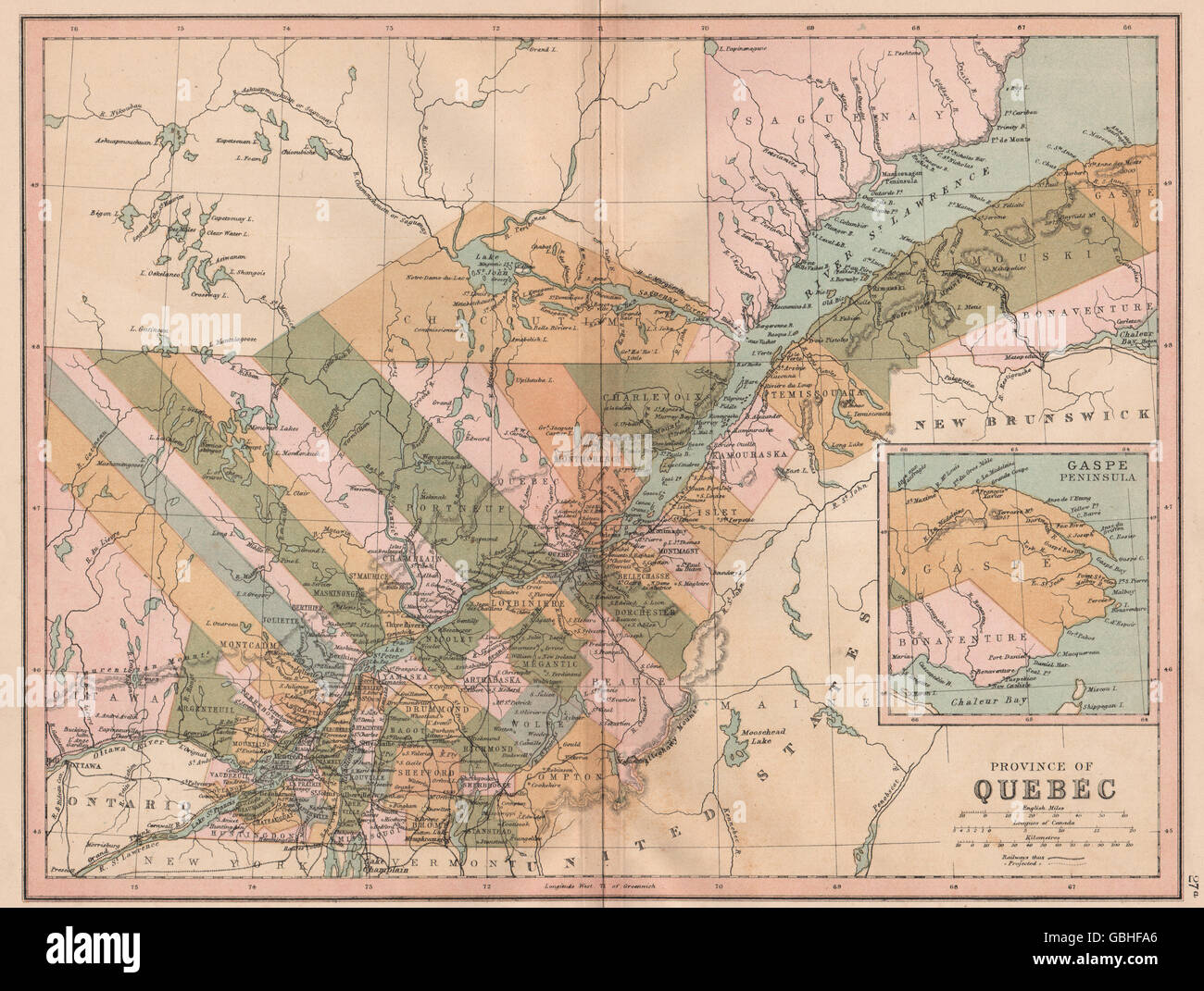 QUEBEC: Showing counties. COLLINS, 1880 antique map Stock Photo
