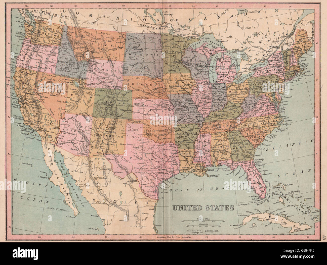 USA:Oklahoma shown as 'Indian Territory',Dakotas as one state.COLLINS, 1880 map Stock Photo