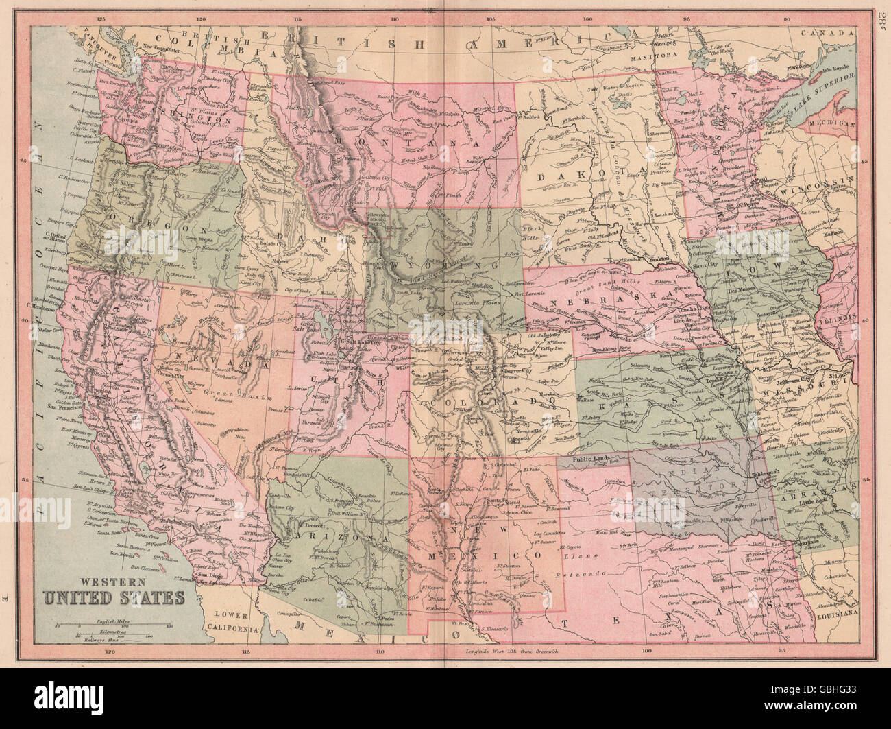 USA WEST: Oklahoma shown as 'Indian Territory', Dakotas as one state, 1880 map Stock Photo
