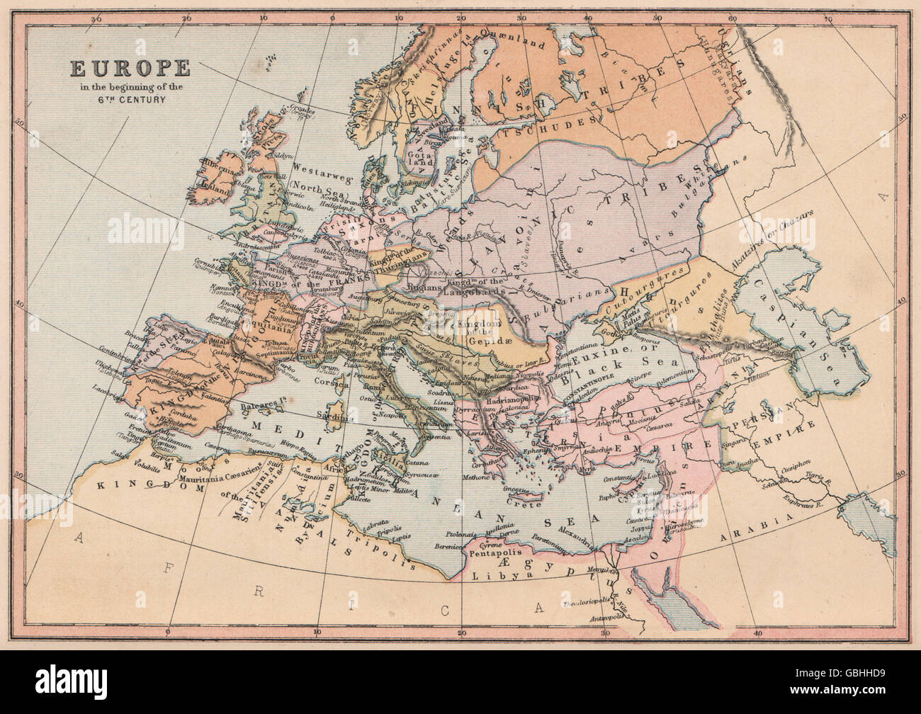 6TH CENTURY EUROPE: Visigoths Saxons Franks Ostrogoths &c. COLLINS, 1880 map Stock Photo