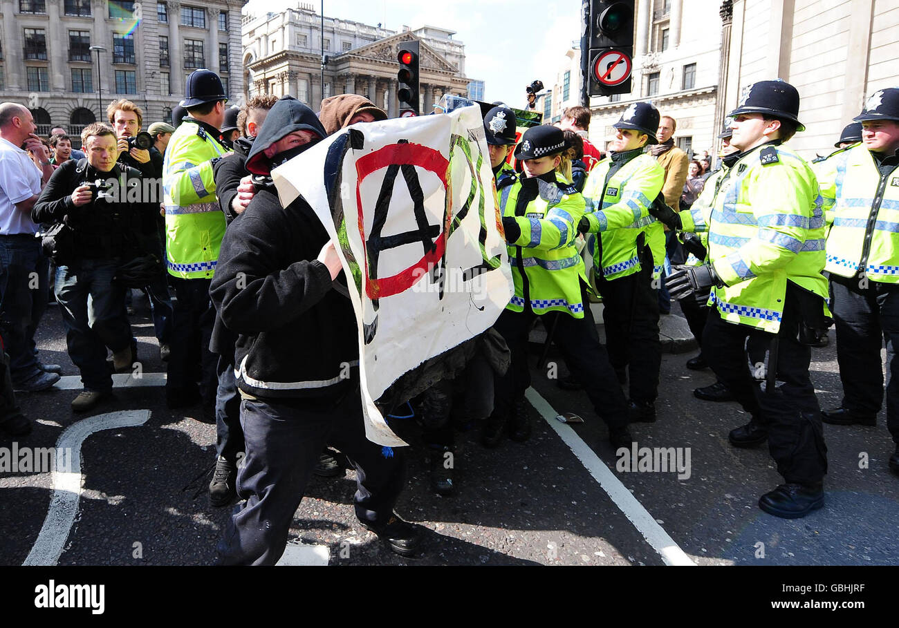 Protesters outside the Bank of England, during the G20 protests in the centre of London. Stock Photo
