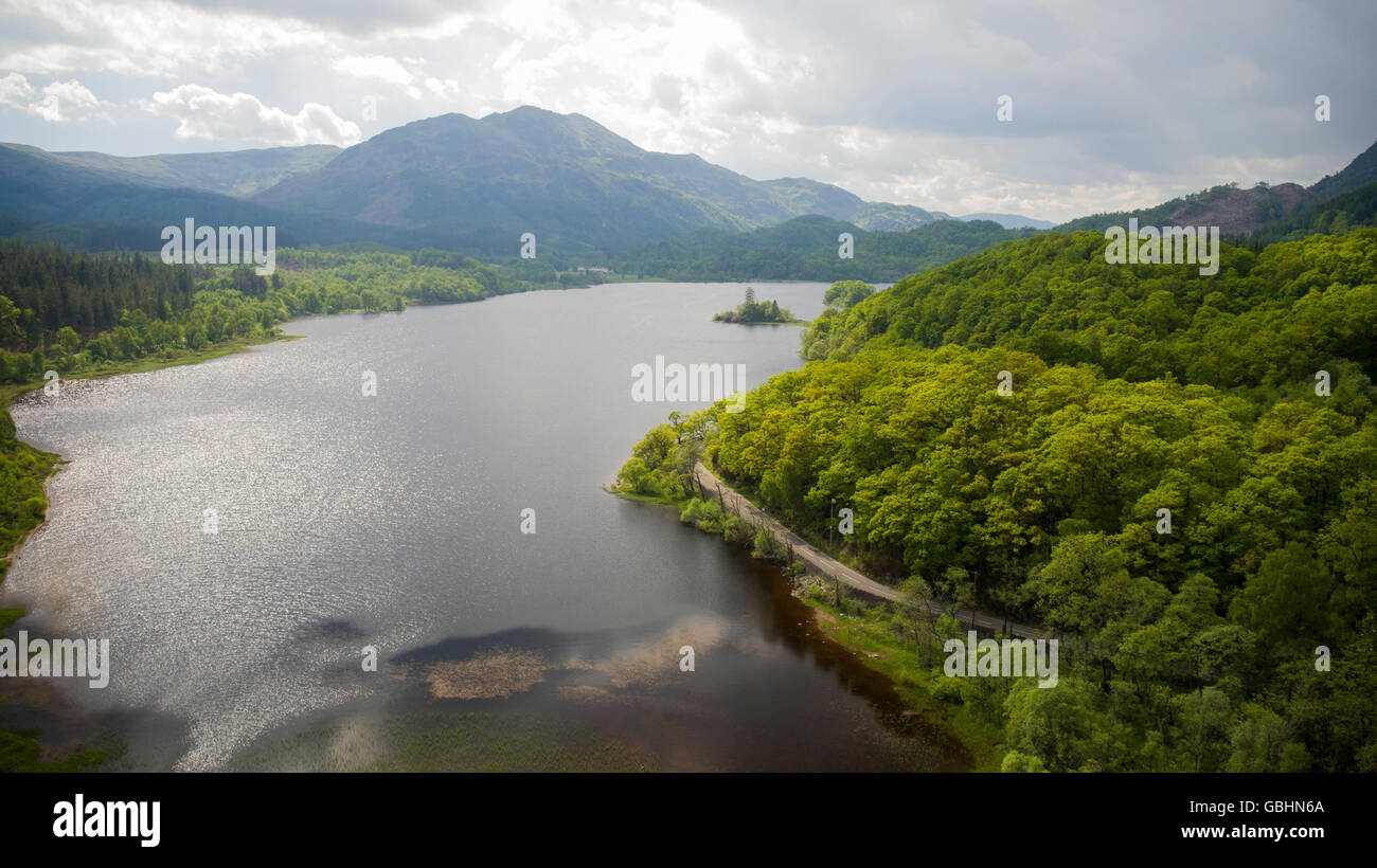 Aerial drone shot of Loch Achray Trossachs Scotland Stock Photo