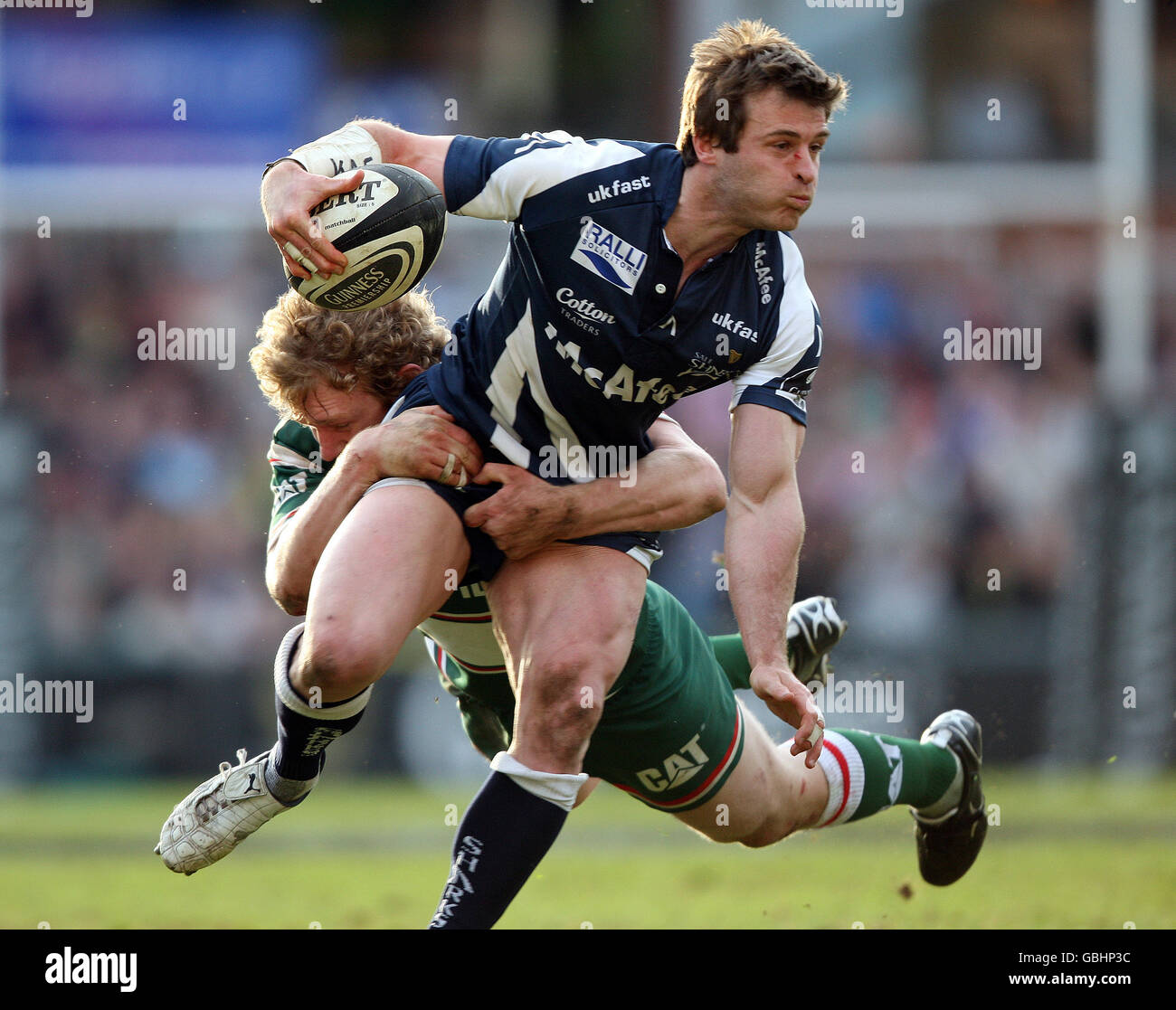 Leicester tigers sam vesty tackles sale sharks oriol ripol hi-res stock 
