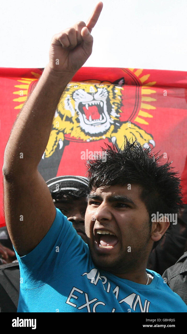Tamil demonstrators protest in London's Parliament Square, demanding an immediate ceasefire in Sri Lanka. Stock Photo