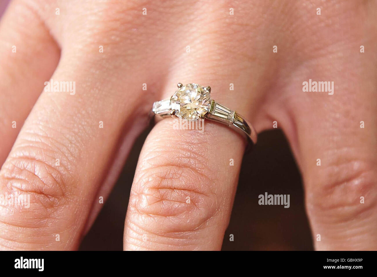 Kate Silverton engagement. Kate Silverton's diamond engagement ring close up. Stock Photo