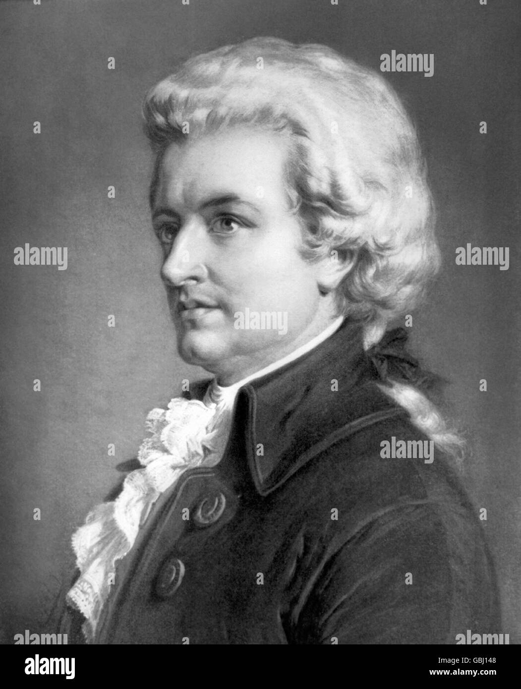 Mozart. Portrait of Wolfgang Amadeus Mozart (1756–1791), halftone reproduction of a drawing by Eugene A. Perry, 1913. Stock Photo