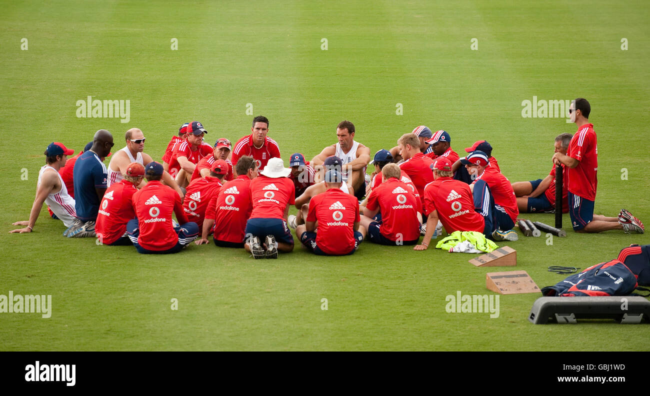 The England team have a team meeting before a nets session at the