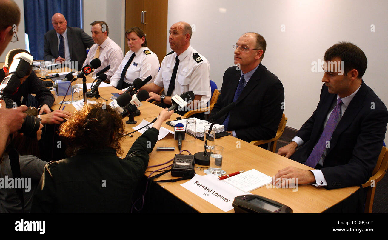(Left to right) KCA Deutag's Brian Taylor, Dr Nick Fluck, Coastguard's Susan Todd, Grampian Police's Colin Menzies, Bond Helicopters' Bill Munro an BP's Bernard Looney at a press conference at the Aberdeen Exhibition Centre after a Bond helicopter crashed on its way back from a rig in the North Sea. A helicopter with 16 people on board ditched in the sea off north east Scotland today. Stock Photo