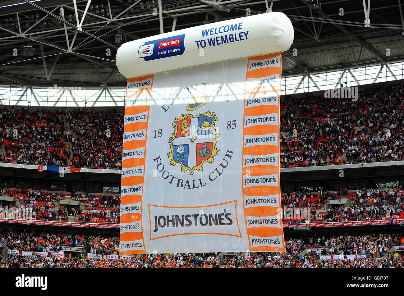 A giant luton town badge is unveiled at wembley hires stock