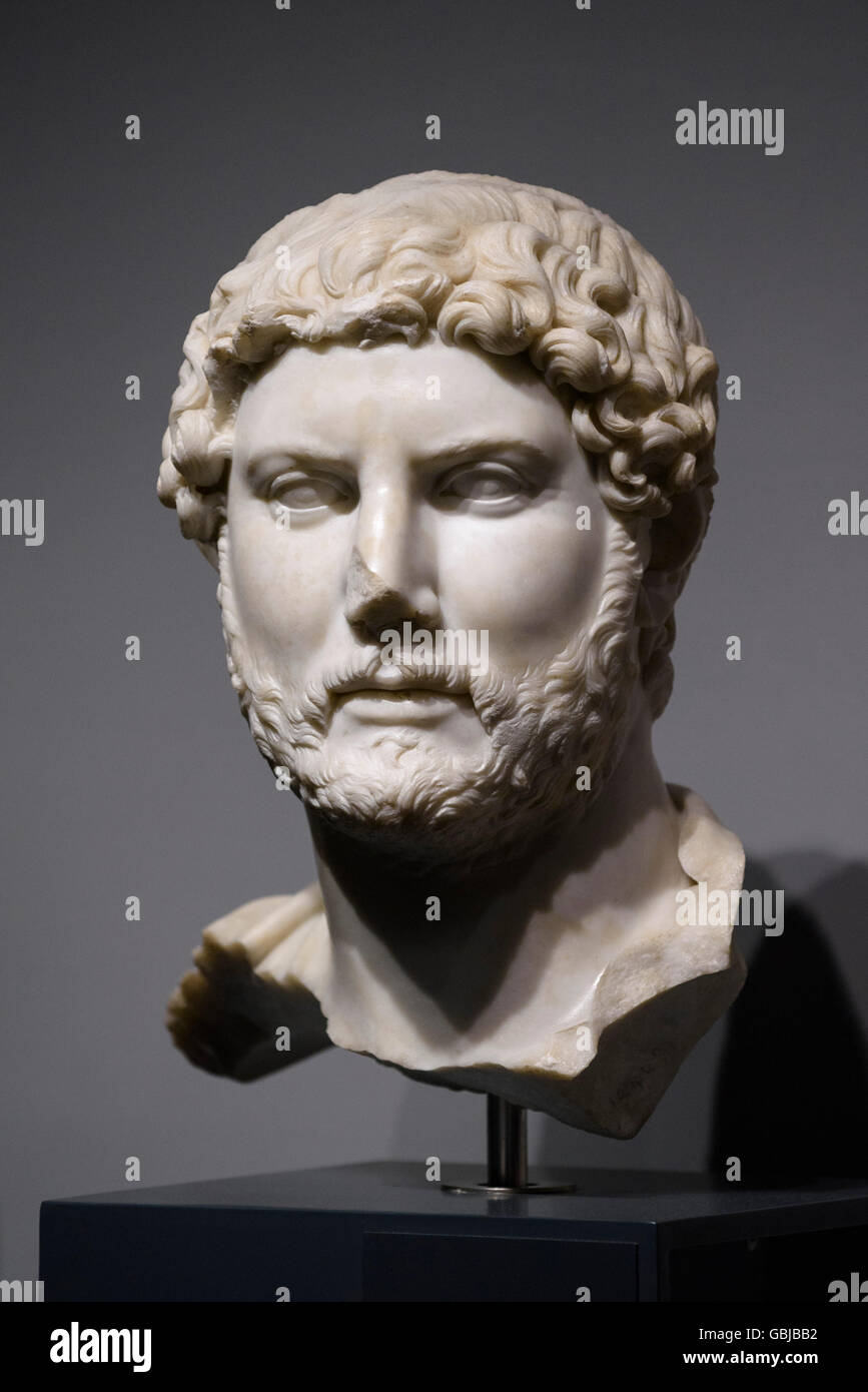 Rome. Italy.  Portrait bust of Roman Emperor Hadrian at around 40 years old (ca. 117 AD), Palazzo Massimo alle Terme. Museo Nazionale Romano. Stock Photo