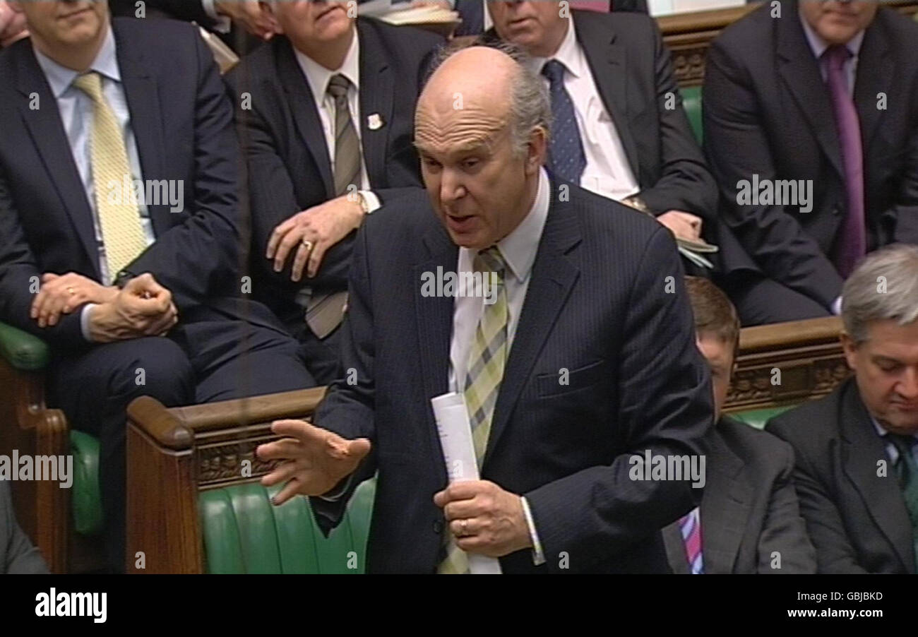 Liberal Democrat Treasury spokesman Vince Cable speaks during Prime Minister's Questions in the House of Commons, London. Stock Photo