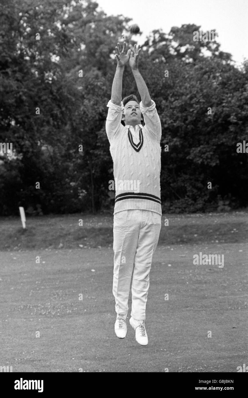 Cricket - Marylebone CC v House of Commons Team - Hurlington Club - London. Mark Thatcher, son of Margaret Thatcher jumps for a catch as he plays for the House of Commons cricket team. Stock Photo