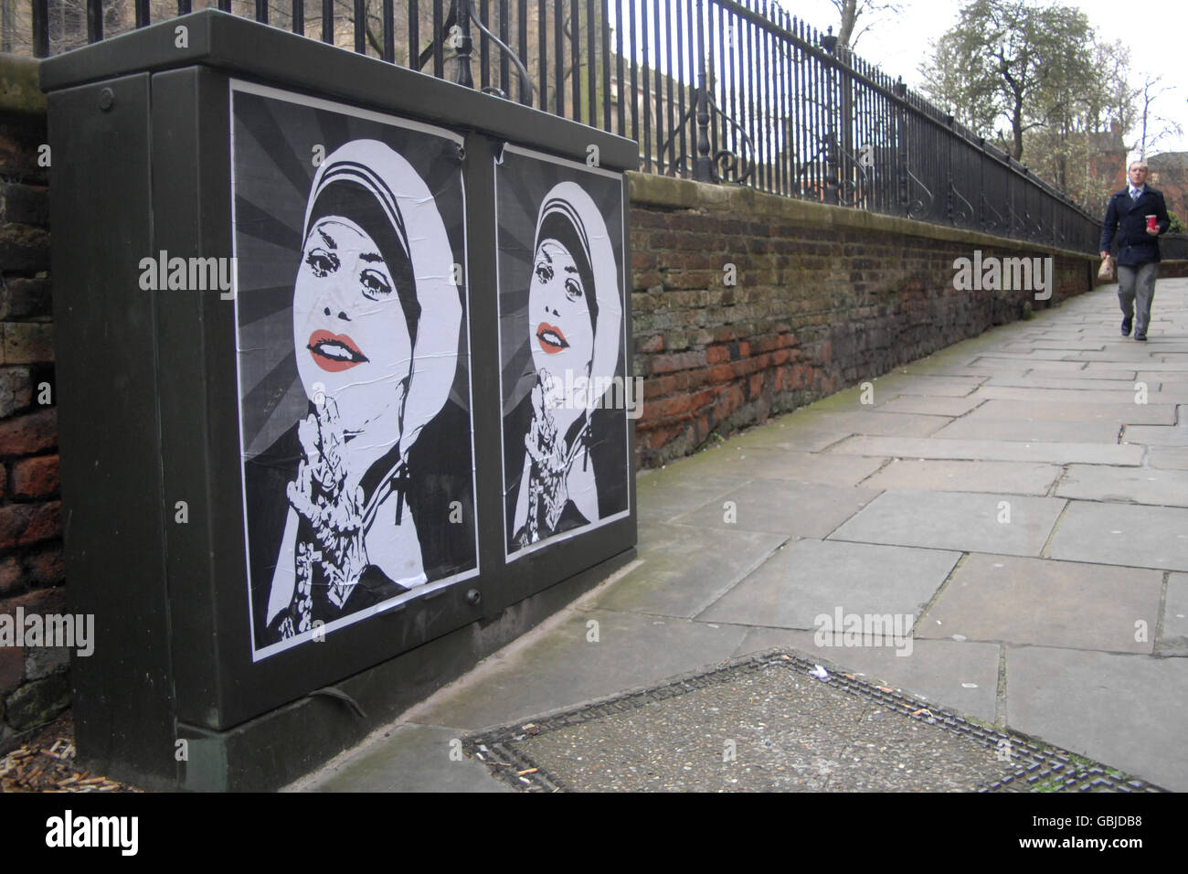 A graffiti artist's depiction of Jade Goody appearing as Mother Teresa outside Saint Mary's Church in Nottingham Stock Photo